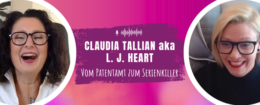 Links Jennifer Rolle (Passion and Words), rechts Claudia Tallian, in der Mitte Titel „Vom Patentamt zum Serienkiller“.