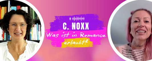 Jennifer Rolle links, C. Noxx rechts, dazwischen ein farbiges Banner mit dem Titel ‚Was ist in Romance erlaubt?‘