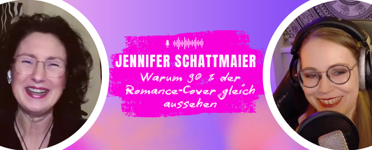 Jennifer Schattmaier recht, Jennifer Rolle links, mittig Titel ‚Warum 90% der Romance‑Cover gleich aussehen‘.